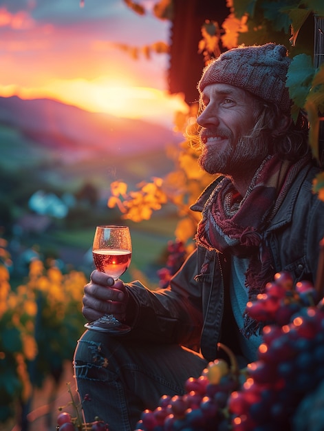 Pessoas desfrutando de um copo de vinho em uma vinha com vistas de pôr do sol na natureza
