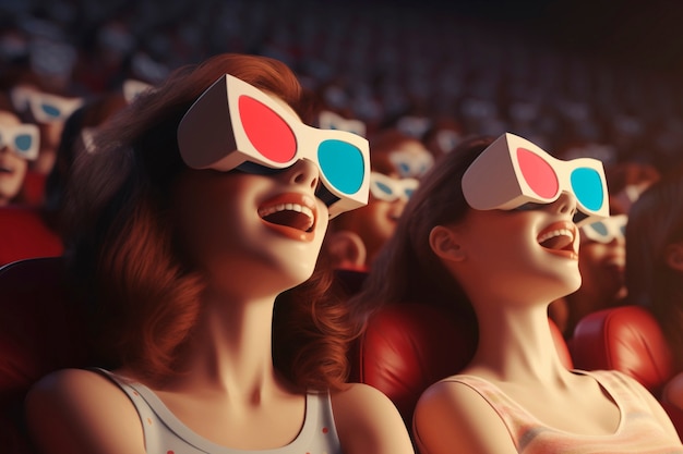 Pessoas em 3D vendo um filme no cinema