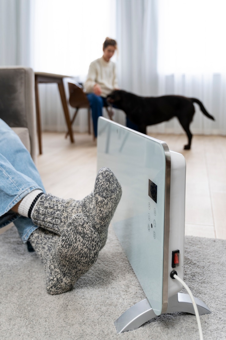 Foto grátis pessoas em casa com cachorro fofo e aquecedor