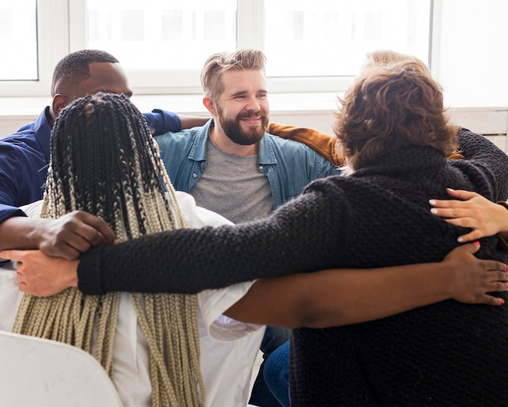 Foto grátis pessoas em cena média se abraçando na reunião