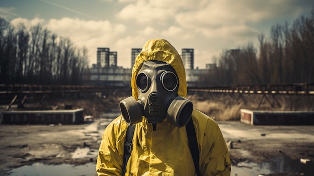 Pessoas em trajes anti-risco e máscaras em uma usina nuclear
