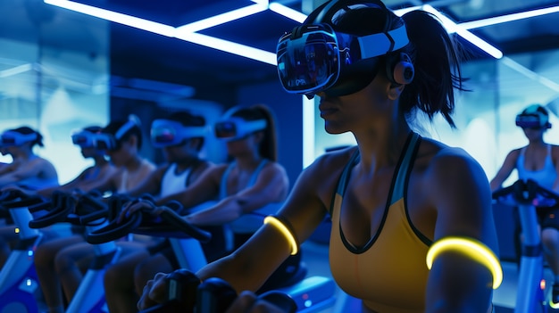 Foto grátis pessoas fazendo fitness através da realidade virtual