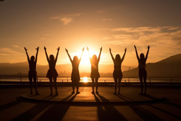 Pessoas fazendo ioga ao pôr do sol