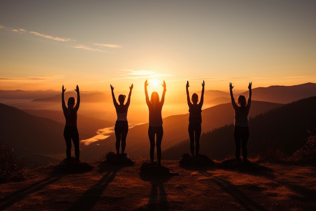 Pessoas fazendo ioga ao pôr do sol