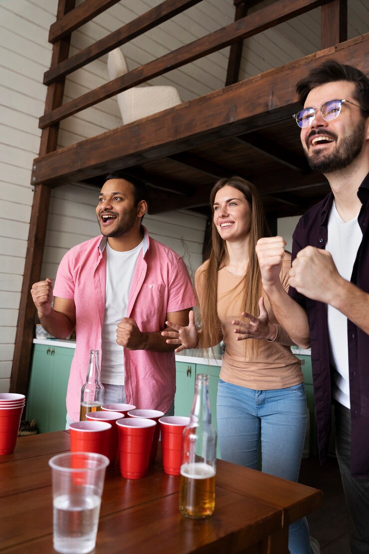 Foto grátis pessoas jogando cerveja pong em uma festa coberta