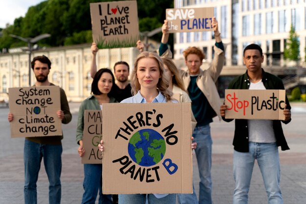 Pessoas marchando juntas em protesto contra o aquecimento global