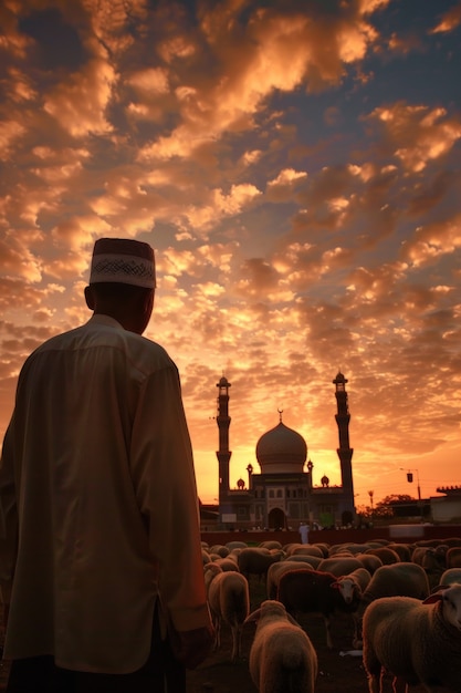 Foto grátis pessoas muçulmanas com animais fotorrealistas preparados para a oferta do eid al-adha