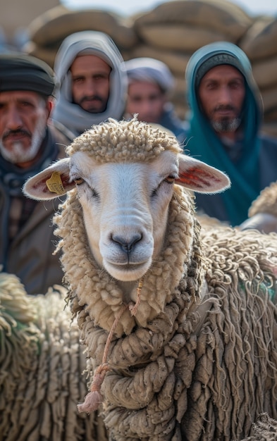 Foto grátis pessoas muçulmanas com animais fotorrealistas preparados para a oferta do eid al-adha