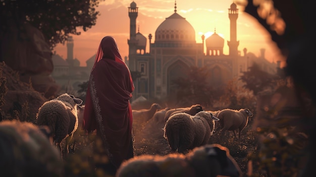 Foto grátis pessoas muçulmanas com animais fotorrealistas preparados para a oferta do eid al-adha