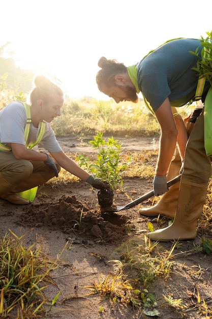 Foto grátis pessoas plantando árvores no campo