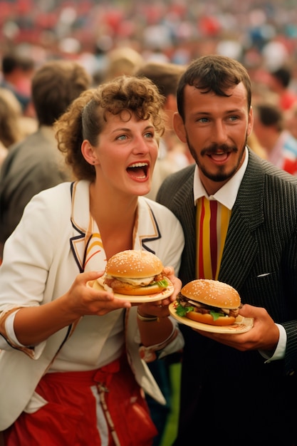 Pessoas segurando uma deliciosa refeição de hambúrguer