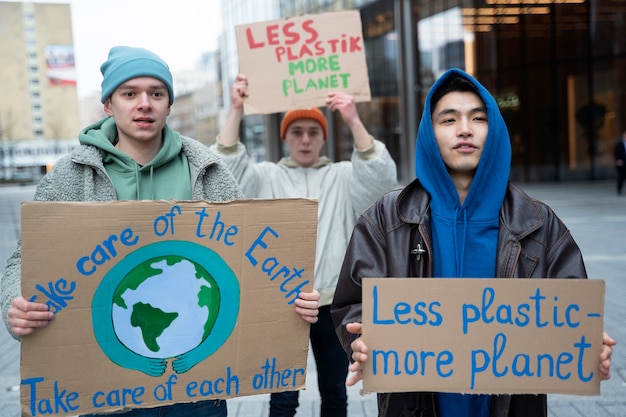 Pessoas tendo um protesto pelo dia mundial do meio ambiente