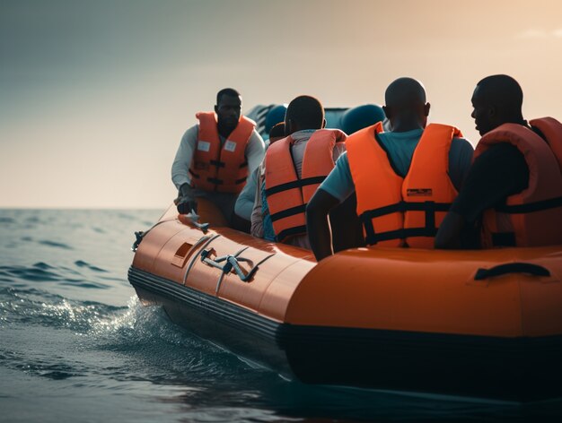 Pessoas usando coletes salva-vidas em uma crise migratória