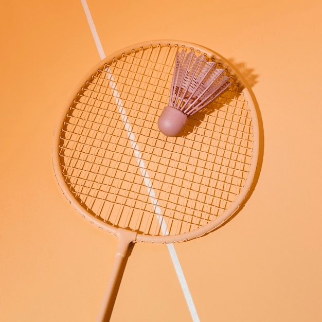 Peteca com vista superior na raquete de badminton