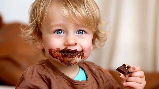 Foto grátis photorealistic portrait of child eating tasty and sweet chocolate