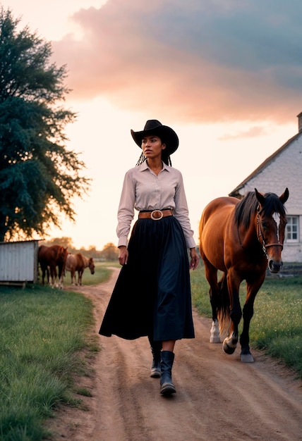 Foto grátis photorealistic portrait of female cowboy at sunset