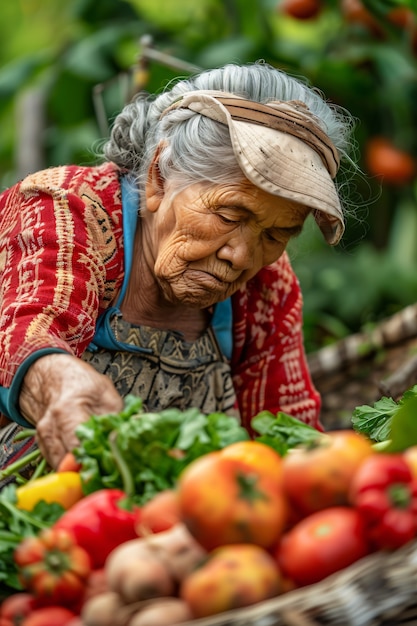 Foto grátis photorealistic woman in an organic sustainable garden harvesting produce