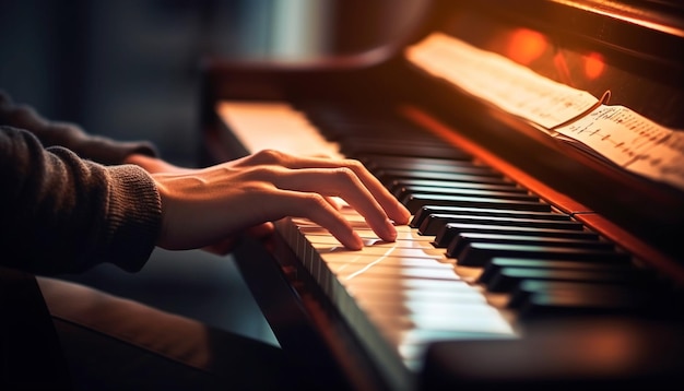 Pianista caucasiana tocando um acorde com foco gerado por IA