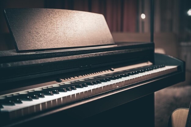 Piano eletrônico closeup em um quarto escuro