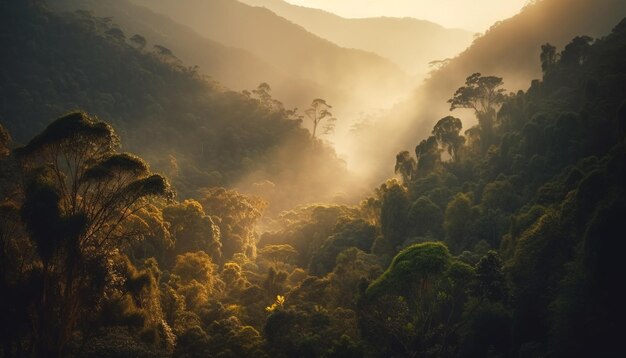 Pico da montanha iluminado pela beleza do pôr do sol gerada pela IA