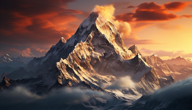 Pico de montanha majestoso coberto de neve paisagem panorâmica gerada por inteligência artificial