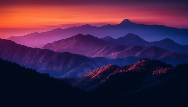 Pico de montanha majestoso em silhueta ao pôr do sol crepúsculo gerado por IA
