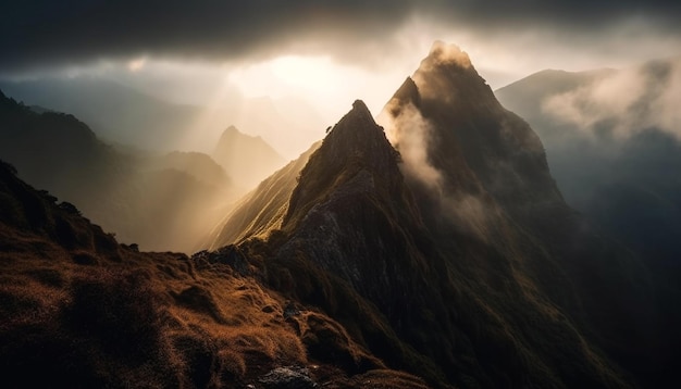 Pico majestoso da montanha na beleza tranquila do pôr do sol gerada pela ia