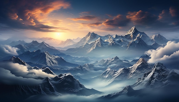 Pico majestoso de montanha, cercado pela beleza da natureza, sob um pôr do sol gerado por IA