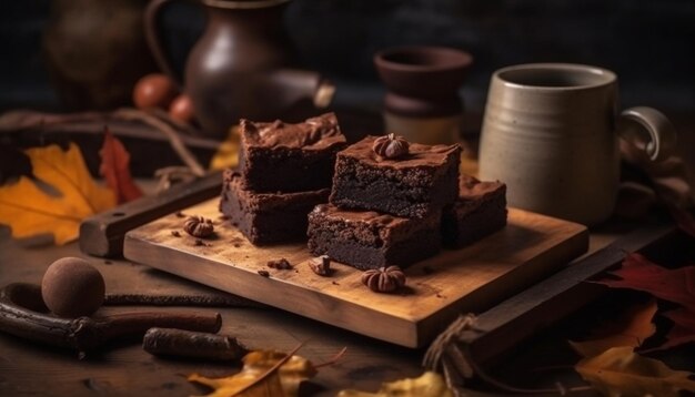 Pilha de brownie de chocolate escuro na mesa rústica gerada por IA