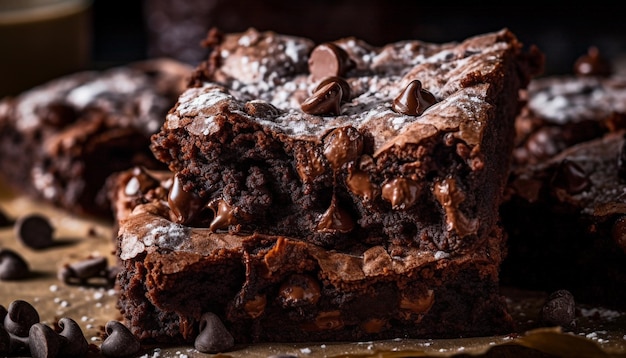 Foto grátis pilha de brownie de chocolate gourmet em placa de madeira rústica gerada por ia