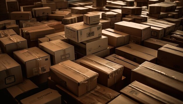 Pilha de caixas abundantes em armazém cheio de papelão gerado por IA