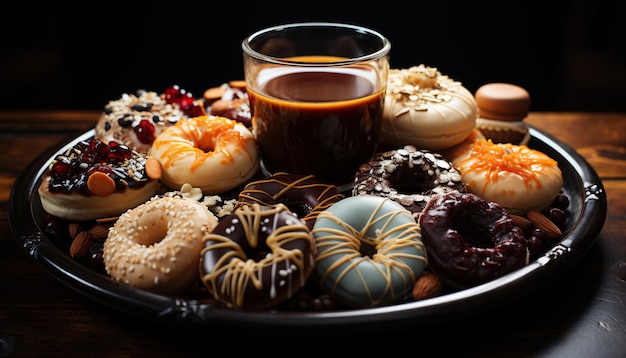 Foto grátis pilha de donuts caseiros em placa de madeira rústica indulgência tentadora gerada por inteligência artificial