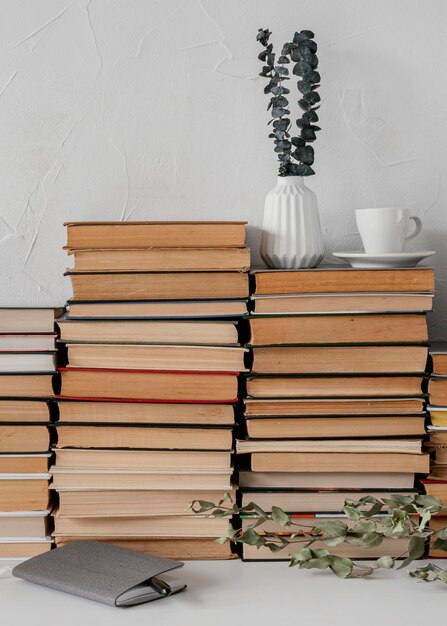 Pilha de livros e arranjo de plantas