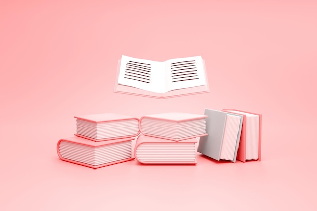 Foto grátis pilha de livros pastel biblioteca de livros e conceito de educação em renderização 3d de fundo rosa