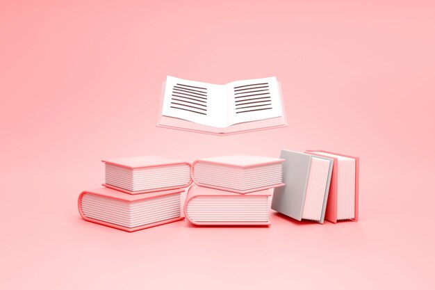 Pilha de livros pastel biblioteca de livros e conceito de educação em renderização 3D de fundo rosa