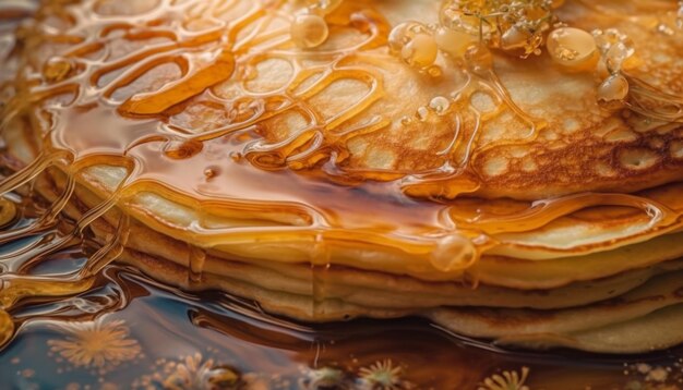 Pilha de panquecas caseiras com frutas frescas geradas por IA