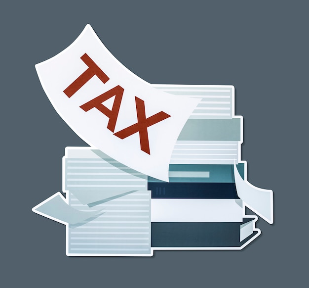 Pilha de papéis e ilustração do conceito de imposto