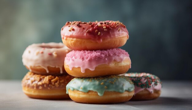 Pilha de rosquinhas caseiras com IA generativa de glacê colorido