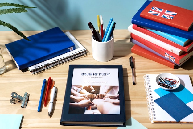 Foto grátis pilhas de livros em inglês na mesa do espaço de trabalho