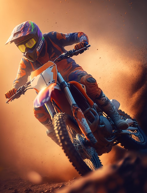 Piloto de motocross correndo em uma grande nuvem de poeira e detritos generative ai