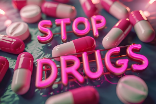 Foto grátis pílulas e comprimidos fotorrealistas em diferentes cores com o texto parar de drogas