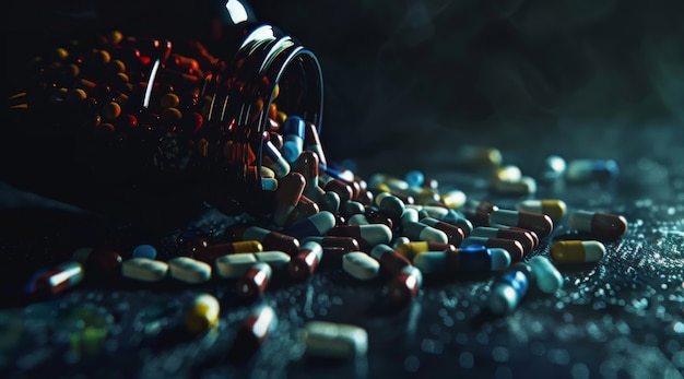 Pílulas em ambiente escuro