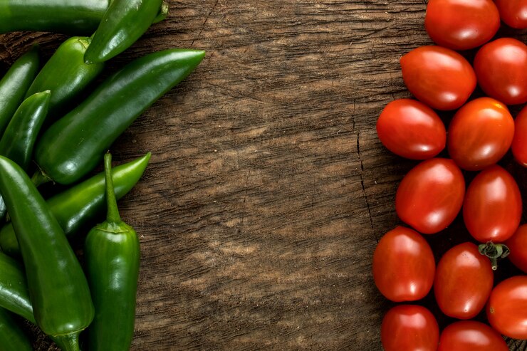 Foto grátis pimenta verde picante tomate cereja fresco e vermelho na mesa de madeira marrom