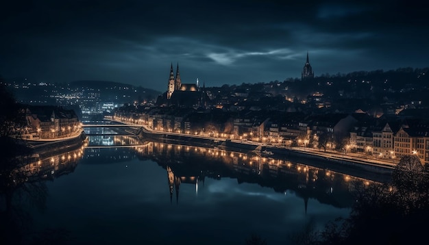 Foto grátis pináculos góticos iluminados refletem na água antiga abaixo gerada por ia