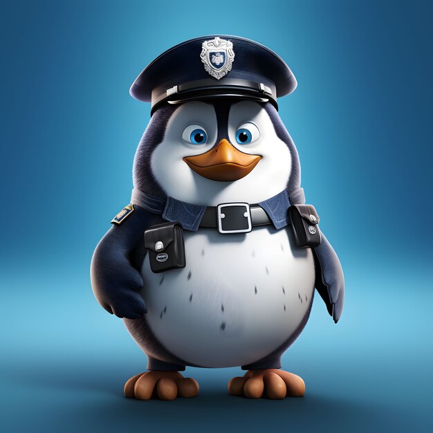 Pinguim animado de desenho animado com roupa de policial