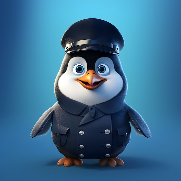 Pinguim animado de desenho animado com roupa de policial