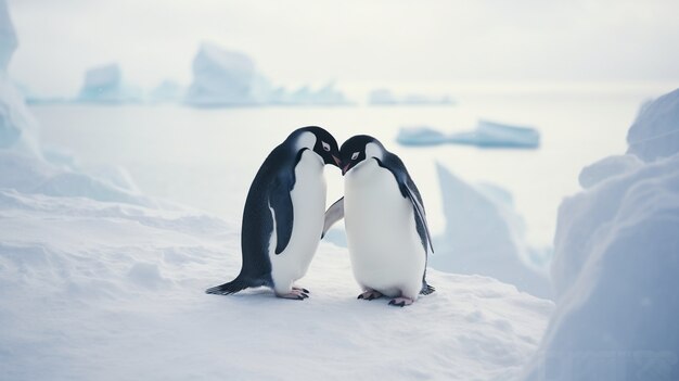 Pinguins bonitos de pé um ao lado do outro e mostrando afeto