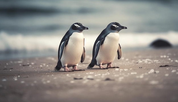 Pinguins Gentoo gingando na costa gelada gerada por IA