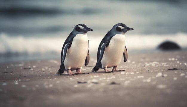 Pinguins Gentoo gingando na costa gelada gerada por IA