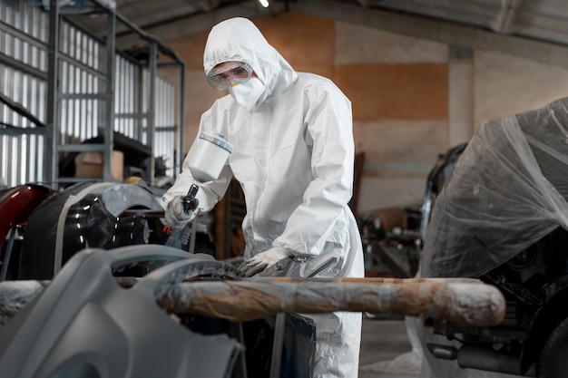 Pintor masculino vestido com traje de proteção dentro da loja de carros